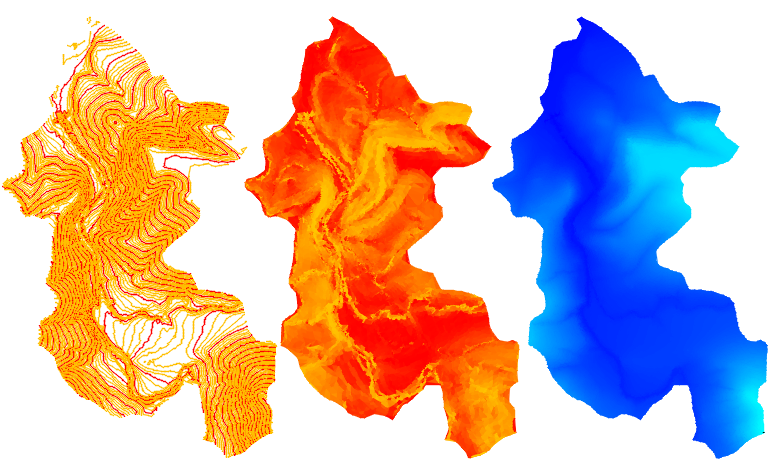 Diverses reprsentations: Courbes de niveau, carte des pentes et carte des altitudes